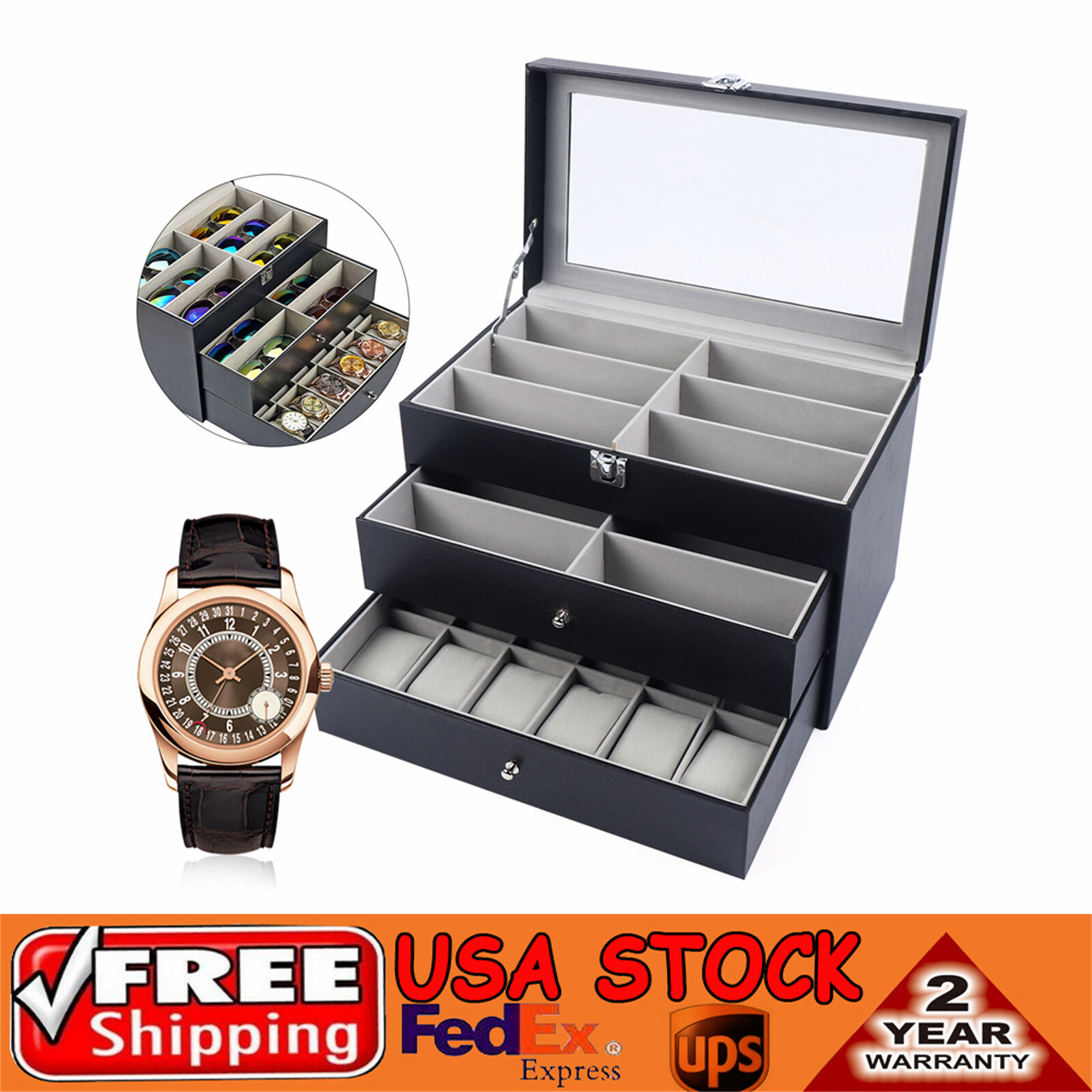 3-Layer Leather Watch Box with 24 Slots for Jewelry Display & Storage