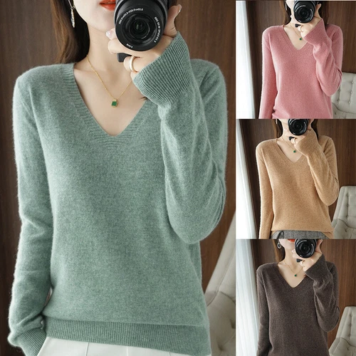 Damen Winter Warm Kaschmir Pullover V-Ausschnitt Pulli Langarm Strick Oberteile - Bild 5 von 16