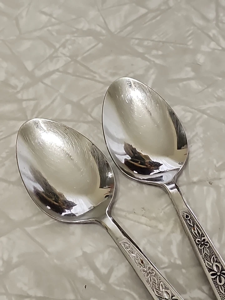 Rogers Stainless La Spana Soup Spoons 7" floral MCM flatware Stanley Roberts (2) - Image 2 of 4