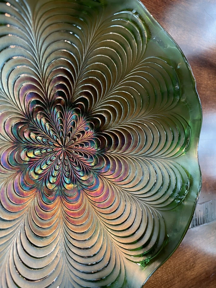 Antique Fenton Peacock Tail Carnival Glass Bowl Dish, Scalloped Edge - Image 3 of 4
