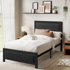 Twin/Full/Queen Bed Frame with Upholstered Headboard Heavy Metal Slats Platform