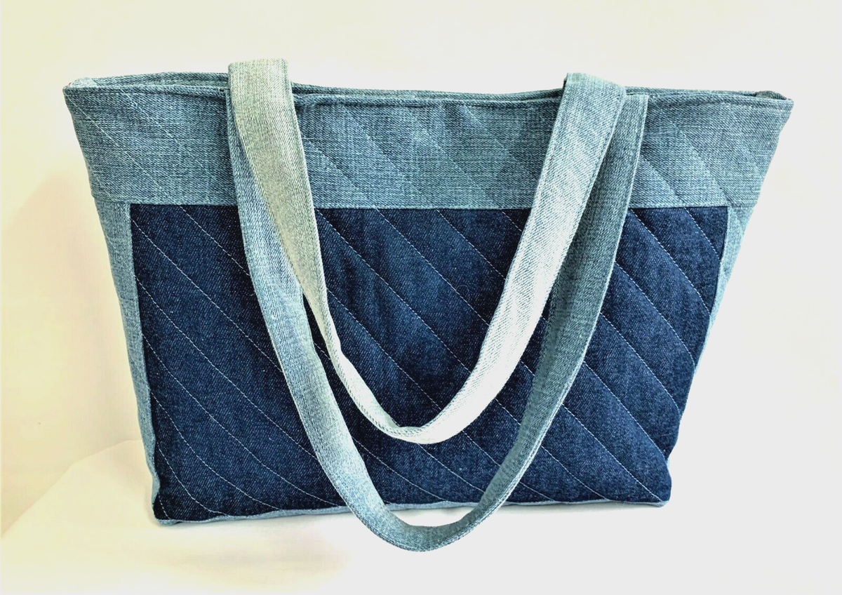 Handmade Blue Denim Patchwork Quilted Tote Bag with Magnetic Snap