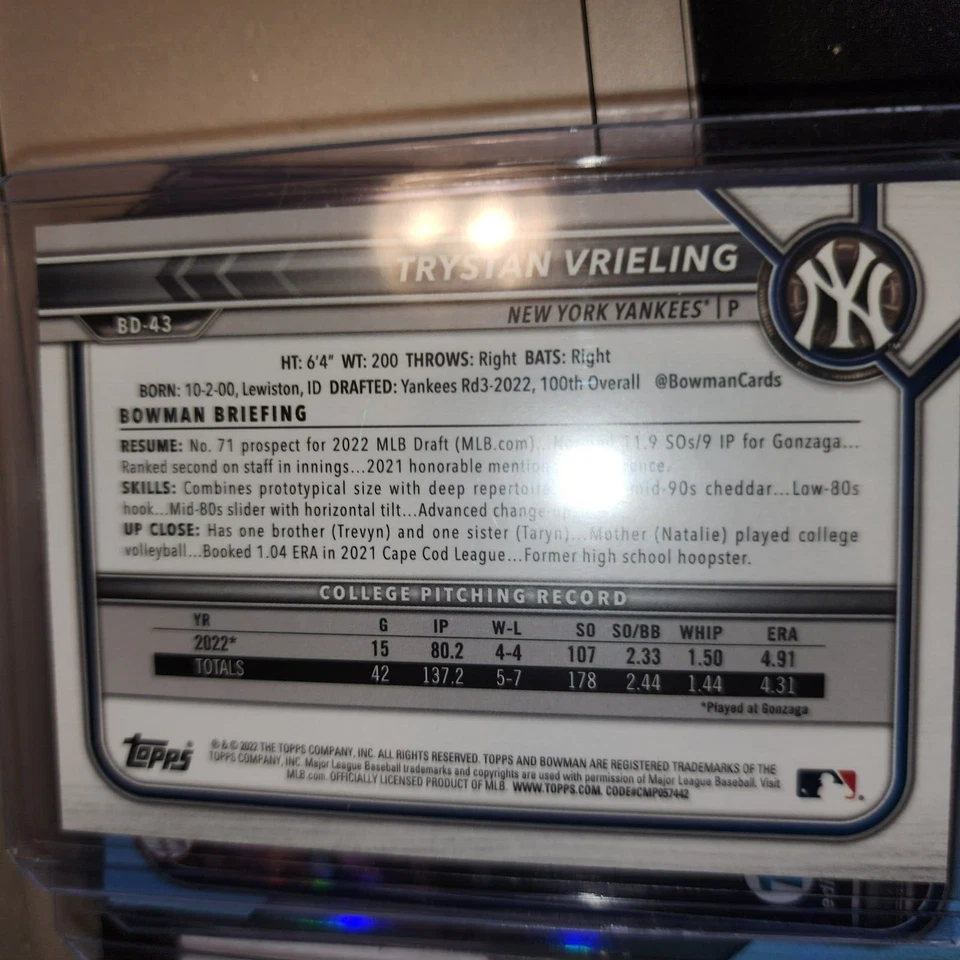 2022 1ST ED/1ST BOWMAN DRAFT SKY BLUE FOIL BD-43 TRYSTAN VRIELING RC -NY YANKEES - Image 2 of 3