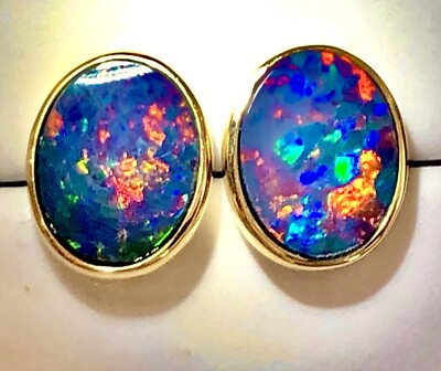 Large 14k gold Black Fire Australian Opal ladies Post Earrings NWT $1,523 VIDEO
