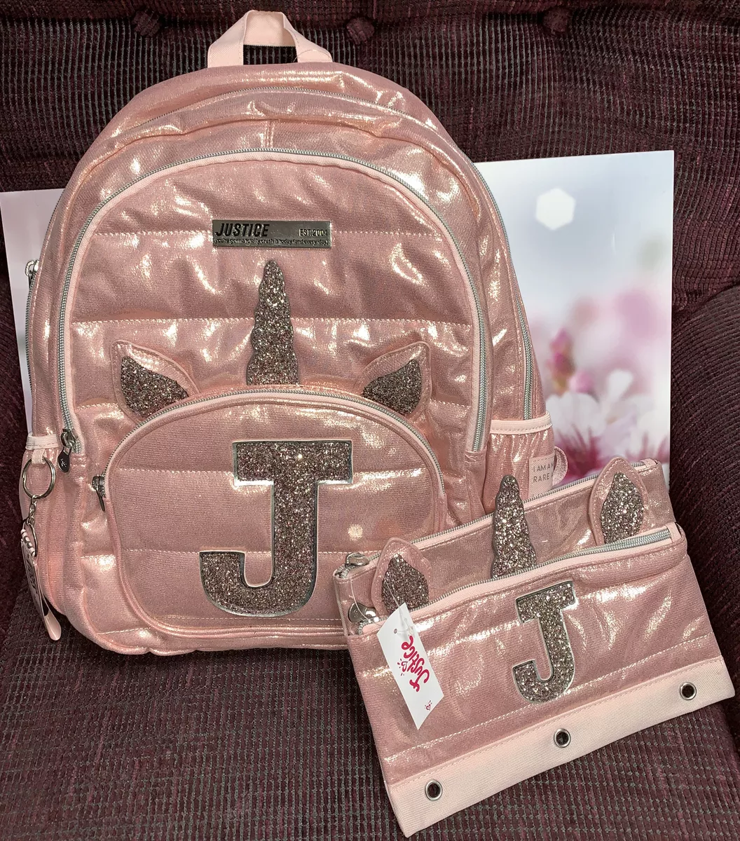 JUSTICE BACKPACK PENCILCASE KEYRING UNICORN INITIAL J SHIMMERING PINK