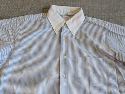 Brooks Brothers Makers Shirt Men 46 Blue White Cuffs Striped