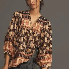 Mille Charlie Printed Top Tie Neck Blouse Small In Brown Multi Bohemian NWOT