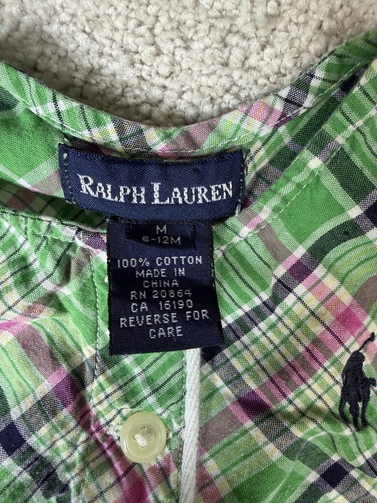 RALPH LAUREN Baby Sz M 6-12 Months Green Bubble Romper Multi Plaid Girls Preppy image 4