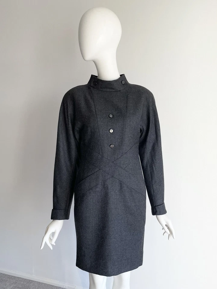 Vestido de lana gris Chloe vintage años 80 botones delanteros cruzados hombreras talla XS Foto 3 de 4