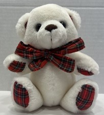 Vintage Russ Berrie Plush Highland Teddy White Bear With Red Plaid Ribbon & Paws