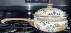 ASTA German Enamel Covered Sauce Pan Brass Handle Floral Vtg Approx 8”x3.5” — photo 1