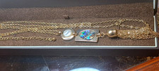 gold tone chain necklace rectangular shell pendant pearl tassel lobster