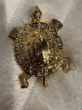 Gold Tone Sea Turtle Brooch with Rhinestones