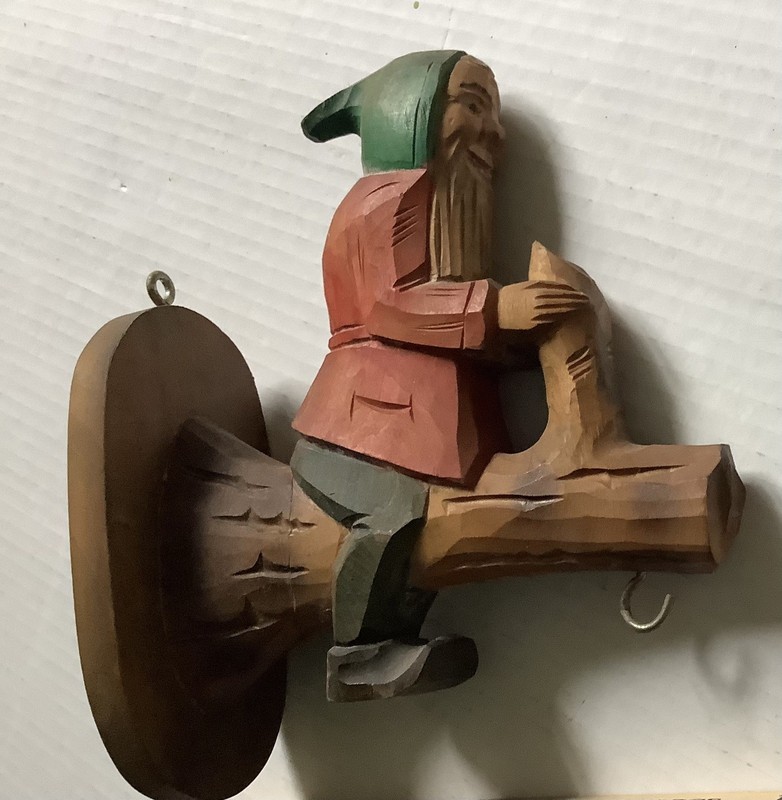 Vtg RHON SEPP?  Black Forest Carved Wood FOLK ART GNOME ON BRANCH Wall Hook