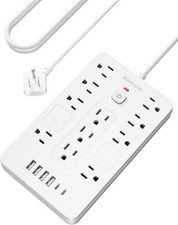 Flat Plug Surge Protector 11 Outlet 6 USB 6FT Cord White
