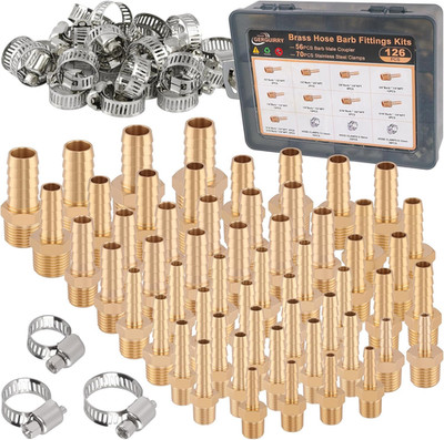 126PCS Brass Hose Barb Fittings Kit, Male Adapter NPT Hose Repair