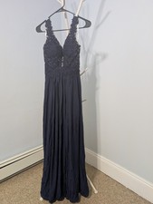 Sherri Hill Navy Blue Formal Evening Gown with Lace Bodice and Beaded Detail