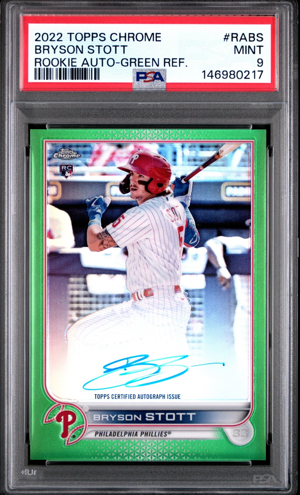 2022 Topps Chrome Rookie Autographs #RABS Bryson Stott Green Ref #/99 (PSA 9)