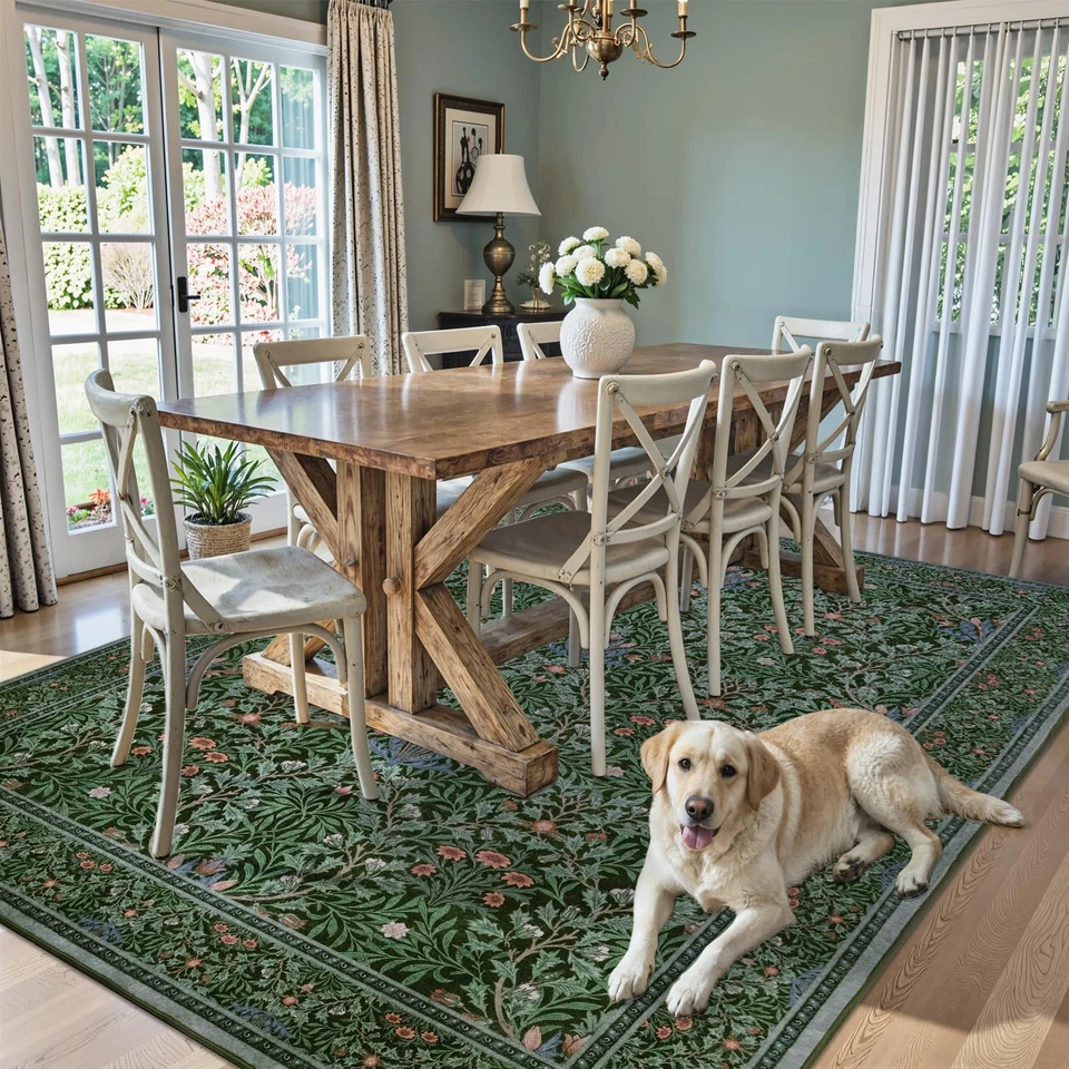 Vintage Dark Green Living Room Rug, 8x10 Washable Area Rugs for Dining Room U... - Image 4 of 4