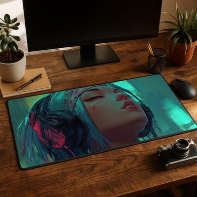 Anime Girl Desk Mat Chill Music Vibes Gaming Setup Decor Kawaii  Mousepad