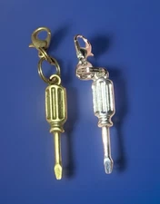 2 Pc Silver & Bronze 3D Screwdrivers Tools Zipper Pulls & Keychain Add On Clips