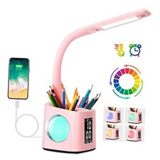 LED Desk Lamp with Clock,Color Changing Nightlight,Study Lamp with Pen Pink 2.0
