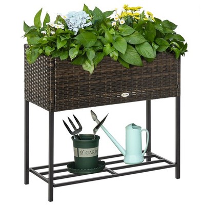 Planter Stand Raised 27.5x11.75x27.5in with Storage Shelf 66lb PE Rattan Finish