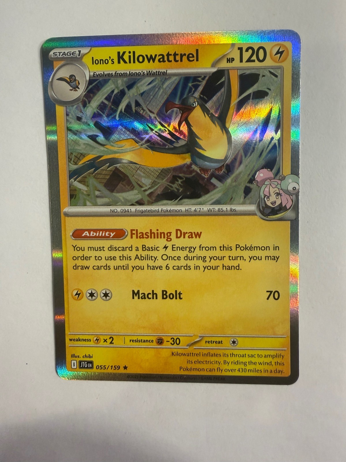 Iono's Kilowattrel 055/159 Journey Together Rare Holo Pokemon NM/M