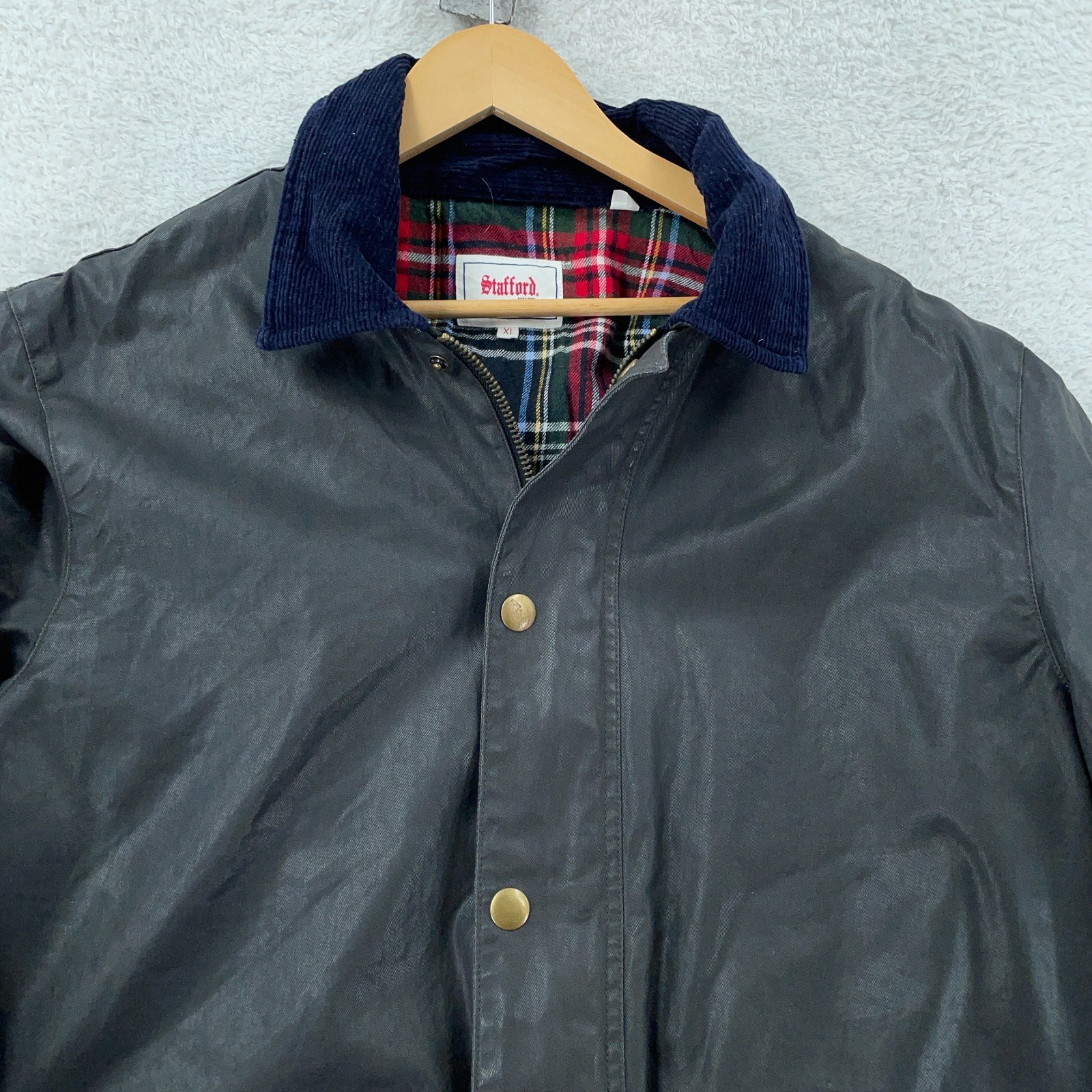 Stafford Prep Waxed Jacket Mens XL Black Flannel Lined Collared Snap Inside Zip - second product detail image