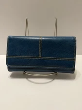 Womens Trifold Aqua Blue Wallet 7.25” Wide Zipper Pockets Pebbled Faux Leather