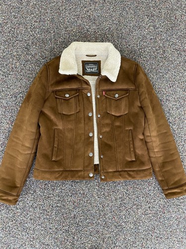 Levi Strauss Faux Suede Sherpa Lined Collared Brown Zip Up Trucker Jacket L - Picture 3 of 13