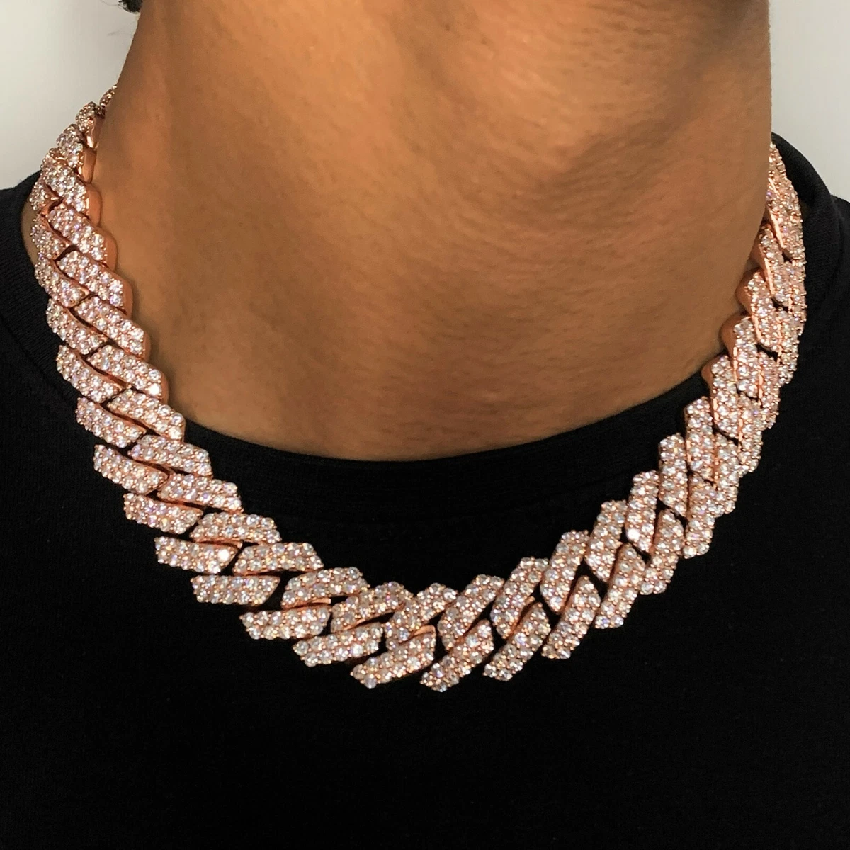 Iced Cuban Link Out Prong VVS Diamond Chain 19mm Necklace 18K Rose