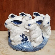 2pc Retired Potting Shed Dedham Porcelain Rabbit Bunnies Centerpiece Bookends