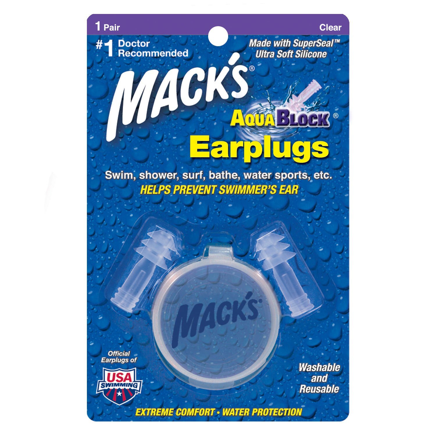 Mack's Aqua Block Ear Plugs. Suitable For Swimming (1 Pair)  -Clear