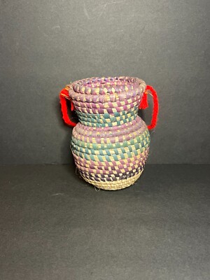 Handmade Small Purple & Green Olla Basket Jar w/ Lid & Red Carrying Handle 5''