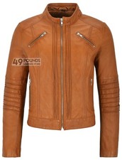 Ladies Leather Jacket Tan Classic Biker Style 100% Real Lambskin 1138