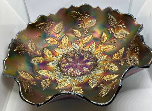 Bowl Vintage Fenton Iridescent Carnival Blue Holly & Berries 9" Dia x 2.75" Tall