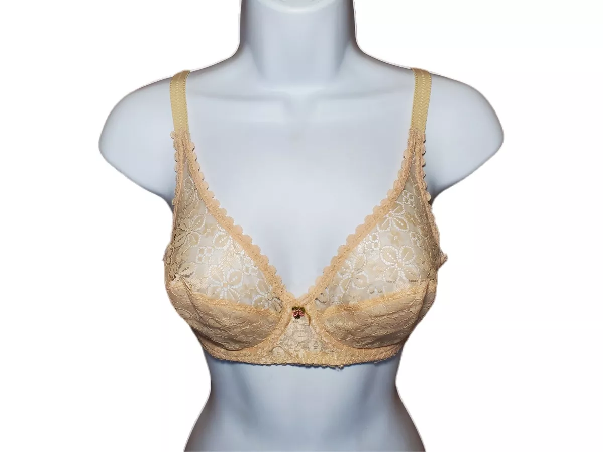 Vintage JCPenney Bra Size 36B Tan/Beige Unlined Sheer Cups Floral Lace  Underwire