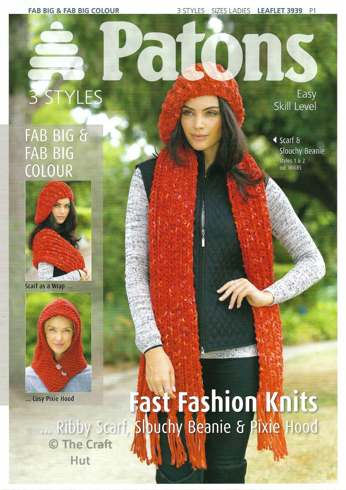 Hand Knitting PATTERN ONLY Patons Ribby Scarf Slouchy Beanie Pixie Hood 3939 New