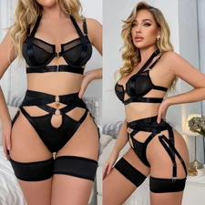 Women-Sexy-Sleepwear-Lingerie-Garter-Underwired-Bra-Set-Nightwear-Babydoll-Dress