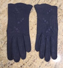 Vintage Size S 6.5 Blue Stretch Fabric Formal 9" Gloves Embroidered Flowers