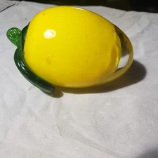 Vintage Hand Blown Glass Fruit Clear and Yellow Lemon w Leaf Paperweight
