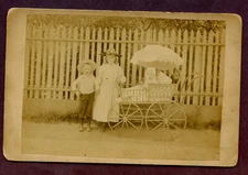 Antique Photo Cabinet Card CUTE LITTLE CHILDREN OUTDOORS BABY IN STROLLER