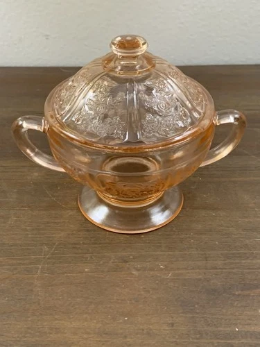 Vintage Early Glass Pink Depression Glass Covered Candy Dish Rose Pattern