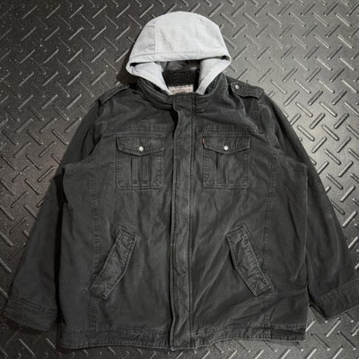 Levis Canvas Sherpa Lined Jacket Mens 2XL Faded Black Hooded Gray Field Utility