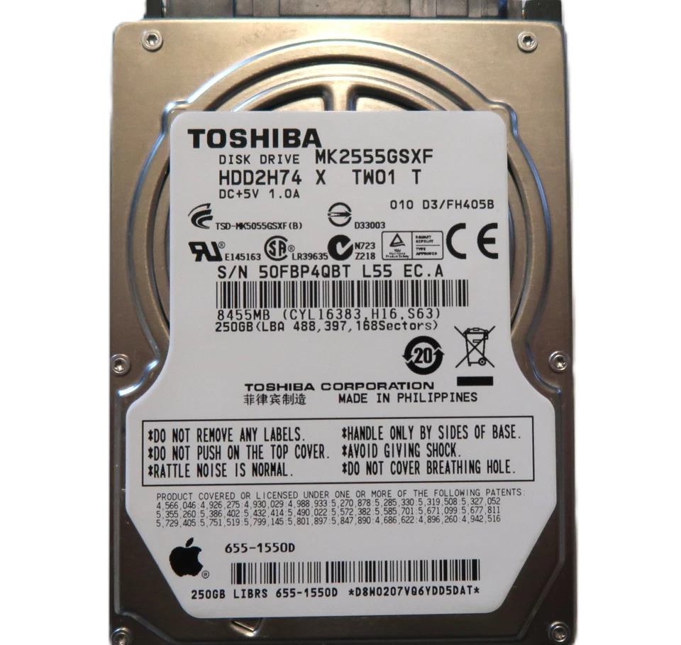 Toshiba MK2555GSXF (HDD2H74 X TW01 T) 010 D3/FH405B Apple#655-1550D 250gb Sata  - Image 2 of 3