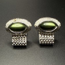 1960s Mod Wraparound Cufflinks  SilverTone Lrg Green Blue Glass Stone Gem SWANK