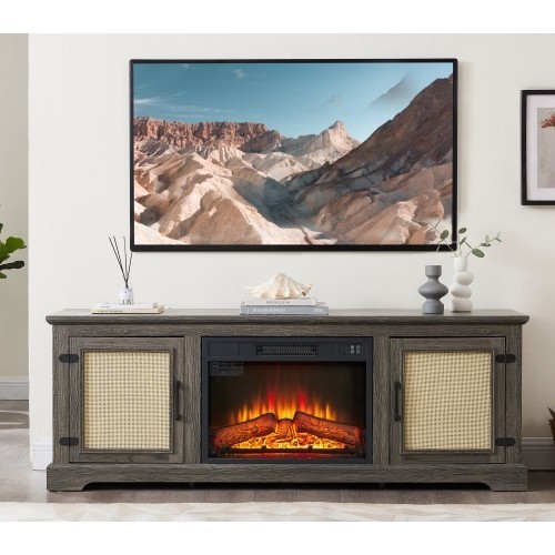 Natural Rattan Storage TV Stand Console Table with 23" fireplace insert