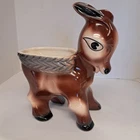 Vtg 10" Tall McCoy Ceramic Burro Donkey Basket Pattern Back Planter Brown Glaze