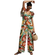 FARM Rio for Anthropologie Jumpsuit Tropical Fan Ruffle Sleeve Romper Small